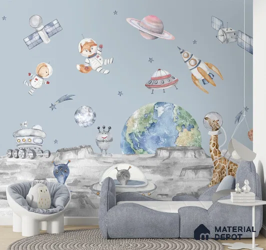 Lets go on a moon walk, Cute kids room wallpaper, Blue Sparkla N Shine Series Soft Feel Entertainment Design (Customised Size Wallpaper)