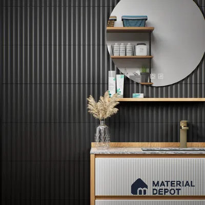 Subway Fluted Wall Tile TL 04963 B Brillo Black 12 x 3 inch Ceramic Matte Finish - 6.5 mm | Suitable for Highlighter Walls, Foyer, Bathroom, Kitchen Wall & Backsplashes