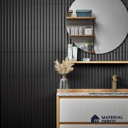 Subway Fluted Wall Tile TL 04963 B Brillo Black 12 x 3 inch Ceramic Matte Finish - 6.5 mm | Suitable for Highlighter Walls, Foyer, Bathroom, Kitchen Wall & Backsplashes