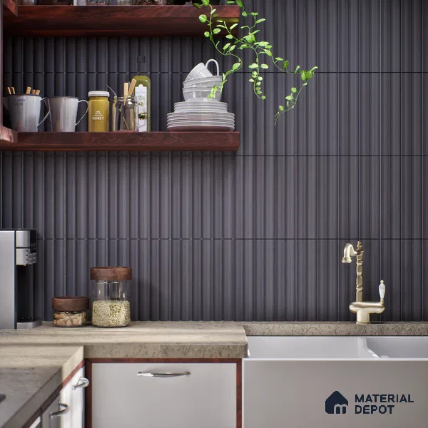 Subway Fluted Wall Tile TL 04963 F Brillo Obsidian Gleam 12 x 3 inch Ceramic Matte Finish - 6.5 mm | Suitable for Highlighter Walls, Foyer, Bathroom, Kitchen Wall & Backsplashes (Sample)