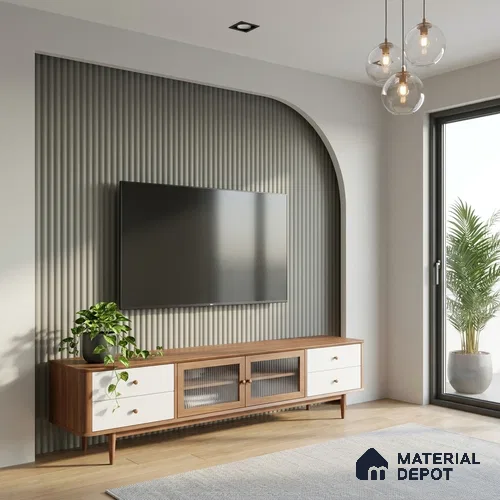 Fluted Solid Color Look LM 01349 Mud Ash 8 ft x 4 ft Texture Finish Decorative Laminate - 1 mm  | Suitable for TV Unit, Wardrobe, Kitchen Cabinets