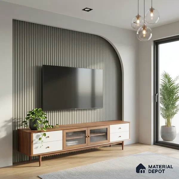 Fluted Solid Color Look LM 01349 Mud Ash 8 ft x 4 ft Texture Finish Decorative Laminate - 1 mm  | Suitable for TV Unit, Wardrobe, Kitchen Cabinets