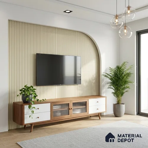 Fluted Solid Color Look LM 01354 Mysore Ivory 8 ft x 4 ft Texture Finish Decorative Laminate - 1 mm  | Suitable for TV Unit, Wardrobe, Kitchen Cabinets