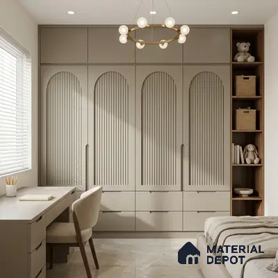 Taupe Beige Fluted Solid Color Look LM 01356 Beige 8 ft x 4 ft Texture Finish Decorative Laminate - 1 mm  | Suitable for TV Unit, Wardrobe, Kitchen Cabinets