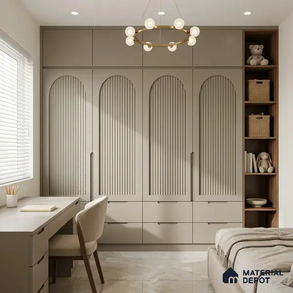 Taupe Beige Fluted Solid Color Look LM 01356 Beige 8 ft x 4 ft Texture Finish Decorative Laminate - 1 mm  | Suitable for TV Unit, Wardrobe, Kitchen Cabinets