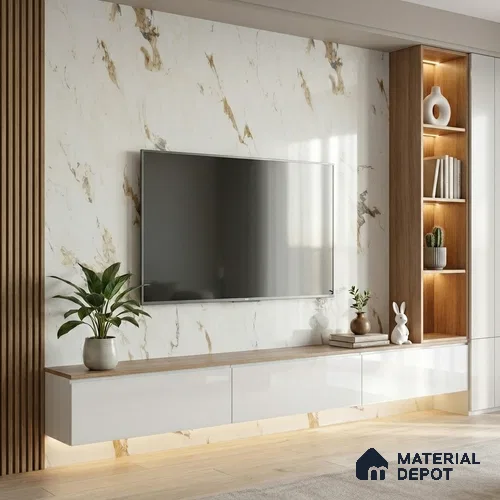 Marble Look LM 01703 Creamy Venetino 8 ft x 4 ft High Gloss Finish Decorative Laminate - 1 mm | Suitable for TV Unit, Wardrobe, Kitchen Cabinets