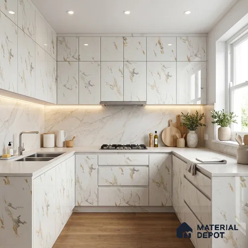 Marble Look LM 01703 Creamy Venetino 8 ft x 4 ft High Gloss Finish Decorative Laminate - 1 mm | Suitable for TV Unit, Wardrobe, Kitchen Cabinets