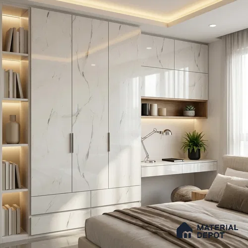 Marble Look LM 01708 Irish Carrara 8 ft x 4 ft High Gloss Finish Decorative Laminate - 1 mm | Suitable for TV Unit, Wardrobe, Kitchen Cabinets
