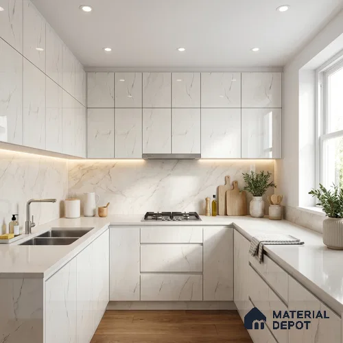 Marble Look LM 01708 Irish Carrara 8 ft x 4 ft High Gloss Finish Decorative Laminate - 1 mm | Suitable for TV Unit, Wardrobe, Kitchen Cabinets