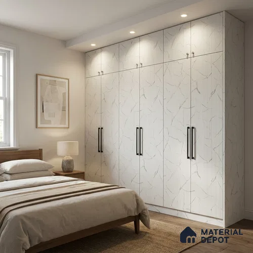 White Marble Look LM 02784 Alaska Marble 8 ft x 4 ft Glassious Flute Finish Decorative Laminate - 1 mm | Suitable for TV Unit, Wardrobe, Kitchen Cabinets