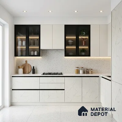 White Marble Look LM 02784 Alaska Marble 8 ft x 4 ft Glassious Flute Finish Decorative Laminate - 1 mm | Suitable for TV Unit, Wardrobe, Kitchen Cabinets