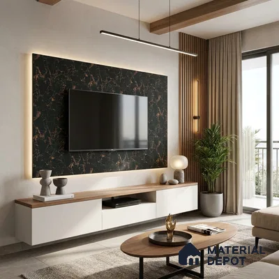 Black Marble Look LM 02787 Rojo Levante 8 ft x 4 ft Glassious Flute Finish Decorative Laminate - 1 mm | Suitable for TV Unit, Wardrobe, Kitchen Cabinets