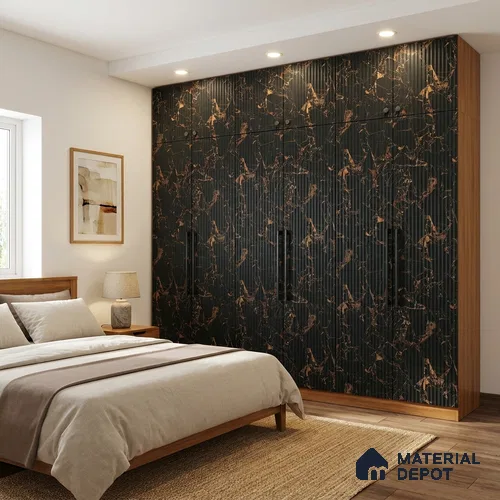 Black Marble Look LM 02787 Rojo Levante 8 ft x 4 ft Glassious Flute Finish Decorative Laminate - 1 mm | Suitable for TV Unit, Wardrobe, Kitchen Cabinets