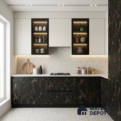 Black Marble Look LM 02787 Rojo Levante 8 ft x 4 ft Glassious Flute Finish Decorative Laminate - 1 mm | Suitable for TV Unit, Wardrobe, Kitchen Cabinets