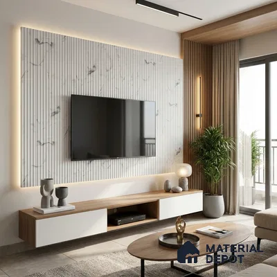 Beige Marble Look LM 02789 White Panda Marble 8 ft x 4 ft Flute Finish Decorative Laminate - 1 mm | Suitable for TV Unit, Wardrobe, Kitchen Cabinets