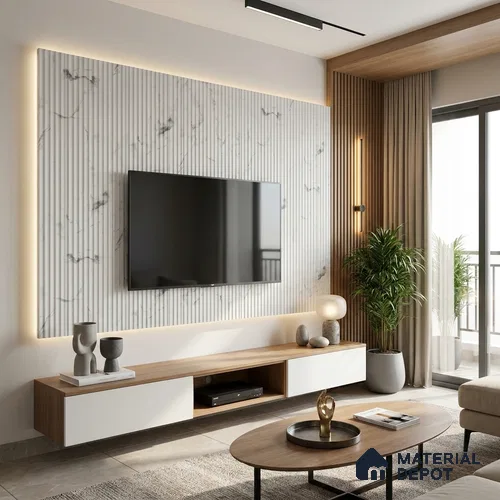 Beige Marble Look LM 02789 White Panda Marble 8 ft x 4 ft Flute Finish Decorative Laminate - 1 mm | Suitable for TV Unit, Wardrobe, Kitchen Cabinets