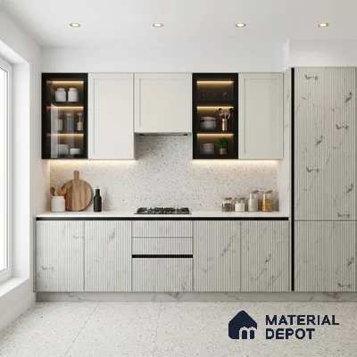 Beige Marble Look LM 02789 White Panda Marble 8 ft x 4 ft Flute Finish Decorative Laminate - 1 mm | Suitable for TV Unit, Wardrobe, Kitchen Cabinets