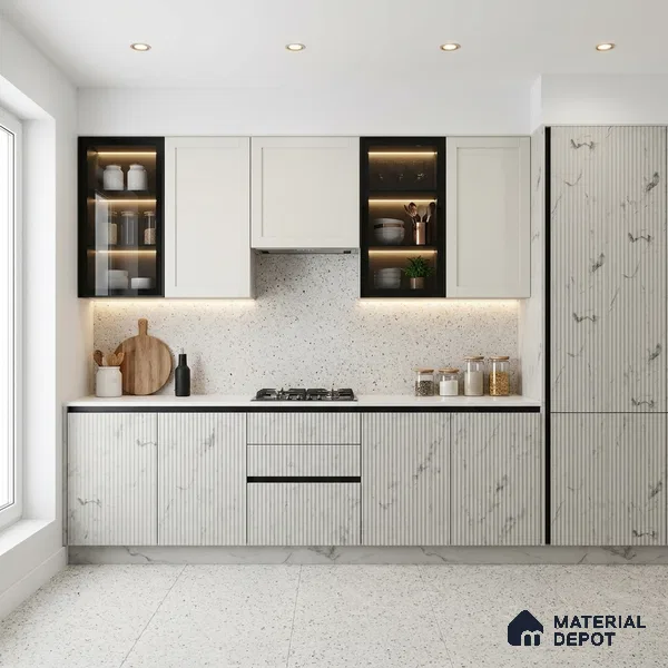 Beige Marble Look LM 02789 White Panda Marble 8 ft x 4 ft Flute Finish Decorative Laminate - 1 mm | Suitable for TV Unit, Wardrobe, Kitchen Cabinets