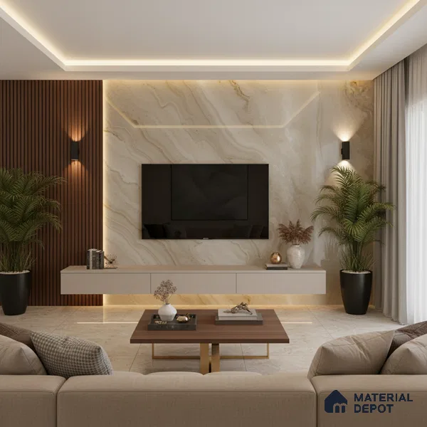 Ivory Marble Look LM 02798 Volcano Ivory Marble 8 ft x 4 ft Mirror Glossy Finish Decorative Laminate - 1 mm | Suitable for TV Unit, Wardrobe, Kitchen Cabinets