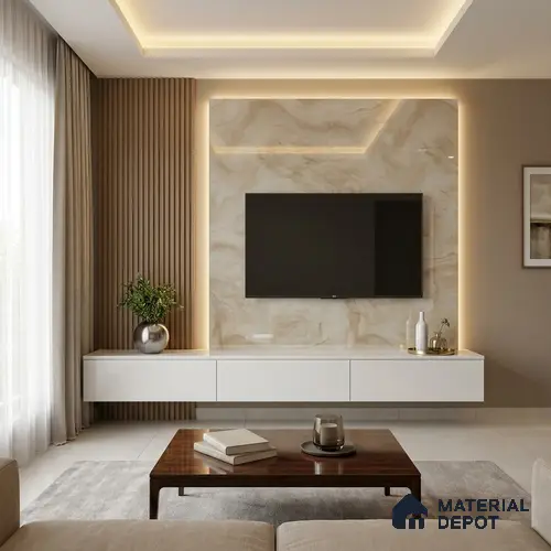 Ivory Marble Look LM 02798 Volcano Ivory Marble 8 ft x 4 ft Mirror Glossy Finish Decorative Laminate - 1 mm | Suitable for TV Unit, Wardrobe, Kitchen Cabinets