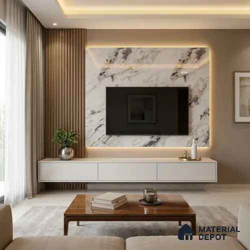 White Marble Look LM 02800 Safroni Marble 8 ft x 4 ft Mirror Glossy Finish Decorative Laminate - 1 mm | Suitable for TV Unit, Wardrobe, Kitchen Cabinets