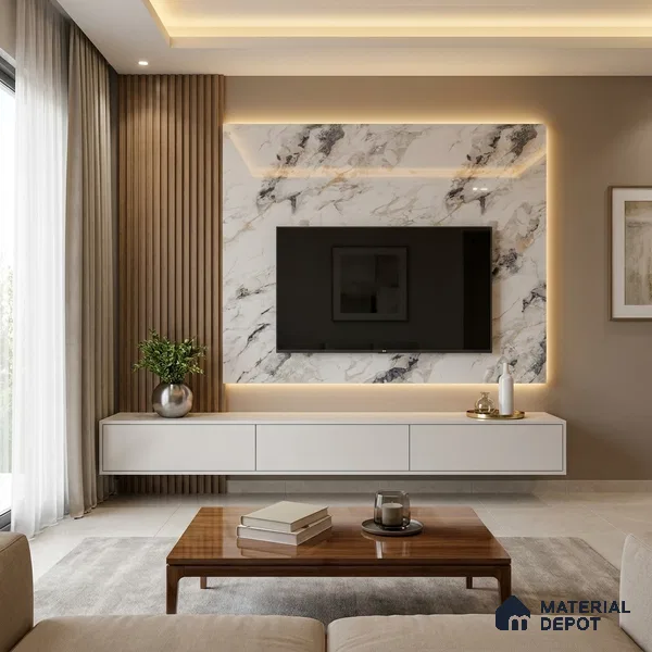 White Marble Look LM 02800 Safroni Marble 8 ft x 4 ft Mirror Glossy Finish Decorative Laminate - 1 mm | Suitable for TV Unit, Wardrobe, Kitchen Cabinets
