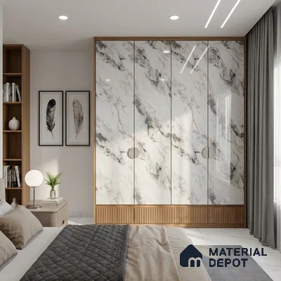 White Marble Look LM 02800 Safroni Marble 8 ft x 4 ft Mirror Glossy Finish Decorative Laminate - 1 mm | Suitable for TV Unit, Wardrobe, Kitchen Cabinets