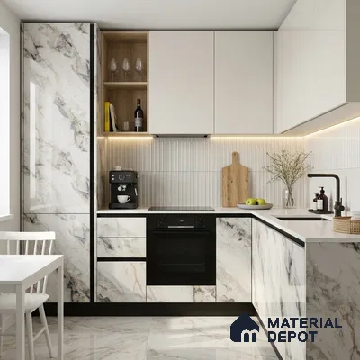 White Marble Look LM 02800 Safroni Marble 8 ft x 4 ft Mirror Glossy Finish Decorative Laminate - 1 mm | Suitable for TV Unit, Wardrobe, Kitchen Cabinets
