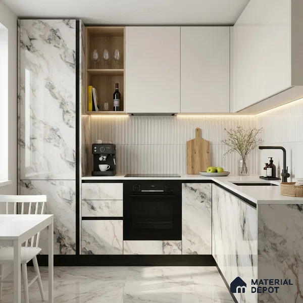 White Marble Look LM 02800 Safroni Marble 8 ft x 4 ft Mirror Glossy Finish Decorative Laminate - 1 mm | Suitable for TV Unit, Wardrobe, Kitchen Cabinets