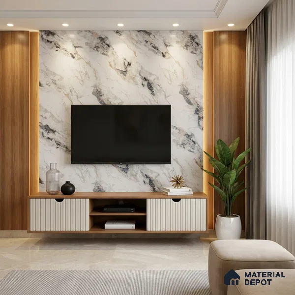 White Marble Look LM 02801 Safroni Marble 8 ft x 4 ft Zero Soft Matt Finish Decorative Laminate - 1 mm | Suitable for TV Unit, Wardrobe, Kitchen Cabinets
