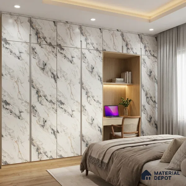 White Marble Look LM 02801 Safroni Marble 8 ft x 4 ft Zero Soft Matt Finish Decorative Laminate - 1 mm | Suitable for TV Unit, Wardrobe, Kitchen Cabinets