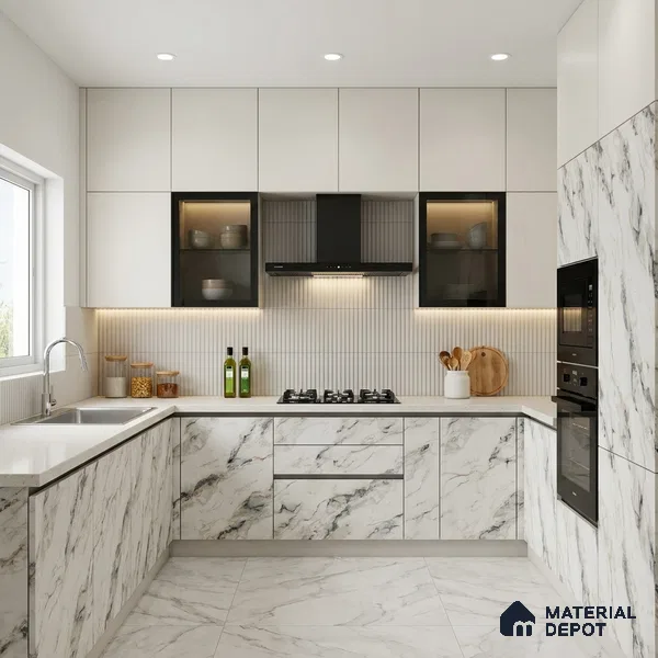 White Marble Look LM 02801 Safroni Marble 8 ft x 4 ft Zero Soft Matt Finish Decorative Laminate - 1 mm | Suitable for TV Unit, Wardrobe, Kitchen Cabinets