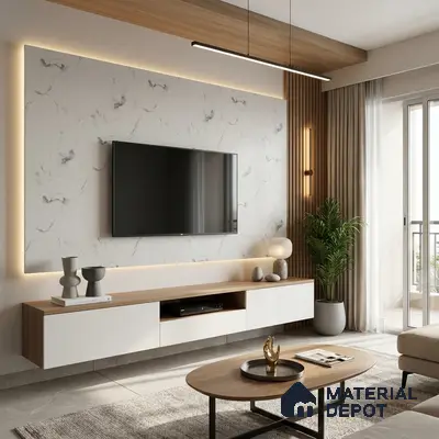 White Marble Look LM 02804 White Panda Marble 8 ft x 4 ft Natural Thermal Stone Finish Decorative Laminate - 1 mm | Suitable for TV Unit, Wardrobe, Kitchen Cabinets