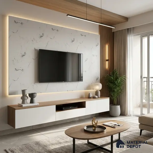 White Marble Look LM 02804 White Panda Marble 8 ft x 4 ft Natural Thermal Stone Finish Decorative Laminate - 1 mm | Suitable for TV Unit, Wardrobe, Kitchen Cabinets