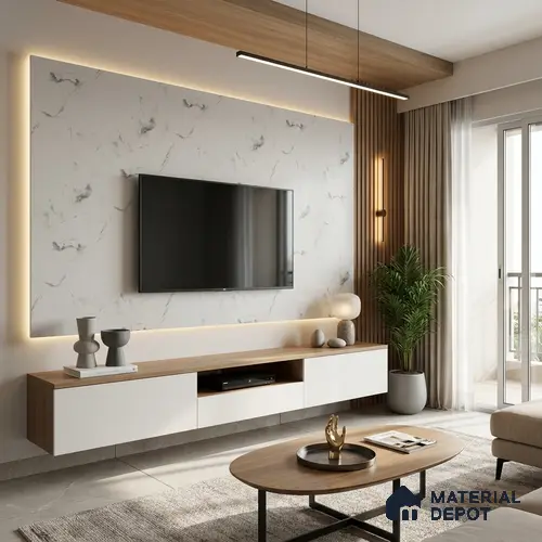White Marble Look LM 02804 White Panda Marble 8 ft x 4 ft Natural Thermal Stone Finish Decorative Laminate - 1 mm | Suitable for TV Unit, Wardrobe, Kitchen Cabinets