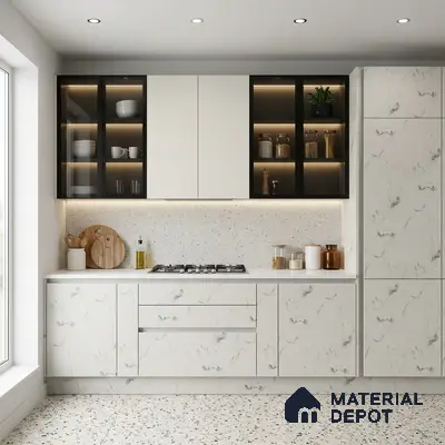 White Marble Look LM 02804 White Panda Marble 8 ft x 4 ft Natural Thermal Stone Finish Decorative Laminate - 1 mm | Suitable for TV Unit, Wardrobe, Kitchen Cabinets
