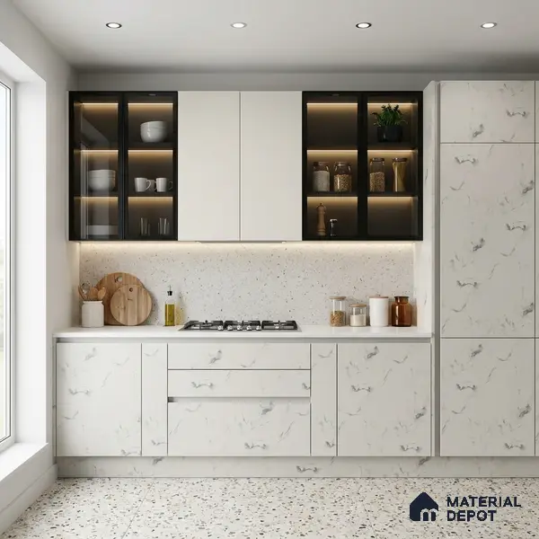 White Marble Look LM 02804 White Panda Marble 8 ft x 4 ft Natural Thermal Stone Finish Decorative Laminate - 1 mm | Suitable for TV Unit, Wardrobe, Kitchen Cabinets