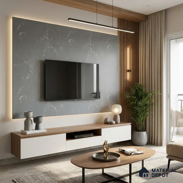 Grey Marble Look LM 02805 Grey Panda Marble 8 ft x 4 ft Natural Thermal Stone Finish Decorative Laminate - 1 mm | Suitable for TV Unit, Wardrobe, Kitchen Cabinets
