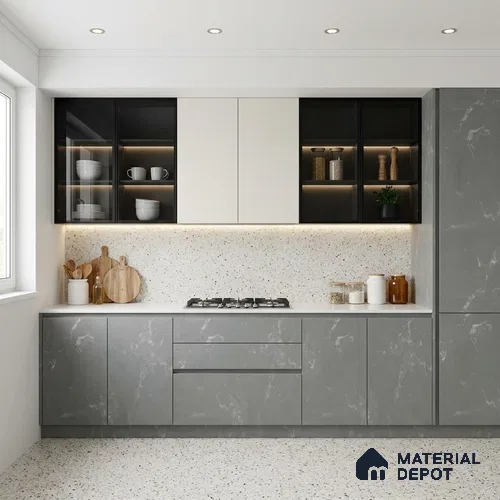 Grey Marble Look LM 02805 Grey Panda Marble 8 ft x 4 ft Natural Thermal Stone Finish Decorative Laminate - 1 mm | Suitable for TV Unit, Wardrobe, Kitchen Cabinets