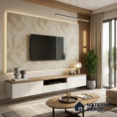 Beige Marble Look LM 02806 Volcano Ivory Marble 8 ft x 4 ft Natural Thermal Stone Finish Decorative Laminate - 1 mm | Suitable for TV Unit, Wardrobe, Kitchen Cabinets