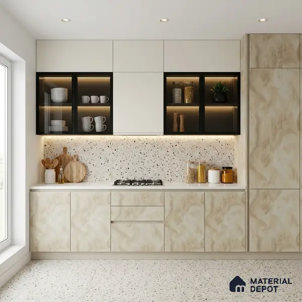 Beige Marble Look LM 02806 Volcano Ivory Marble 8 ft x 4 ft Natural Thermal Stone Finish Decorative Laminate - 1 mm | Suitable for TV Unit, Wardrobe, Kitchen Cabinets