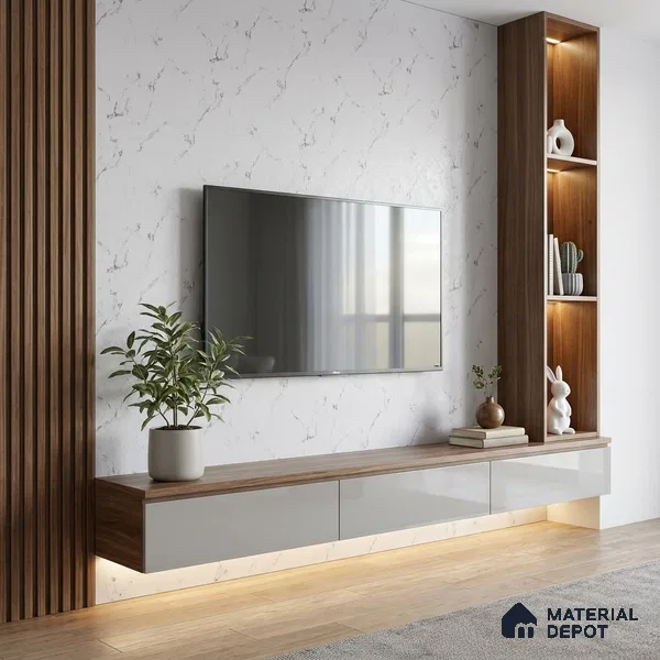 White Marble Look LM 02822 Essential Marmo 8 ft x 4 ft Stonem Finish Decorative Laminate - 1 mm | Suitable for TV Unit, Wardrobe, Kitchen Cabinets