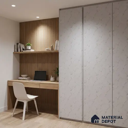 White Marble Look LM 02822 Essential Marmo 8 ft x 4 ft Stonem Finish Decorative Laminate - 1 mm | Suitable for TV Unit, Wardrobe, Kitchen Cabinets