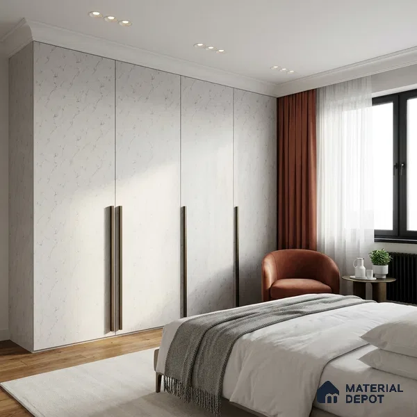 White Marble Look LM 02822 Essential Marmo 8 ft x 4 ft Stonem Finish Decorative Laminate - 1 mm | Suitable for TV Unit, Wardrobe, Kitchen Cabinets