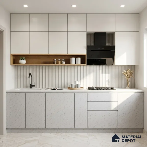 White Marble Look LM 02822 Essential Marmo 8 ft x 4 ft Stonem Finish Decorative Laminate - 1 mm | Suitable for TV Unit, Wardrobe, Kitchen Cabinets