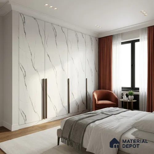 White Marble Look LM 02829 White Carrara 8 ft x 4 ft Stonem Finish Decorative Laminate - 1 mm | Suitable for TV Unit, Wardrobe, Kitchen Cabinets