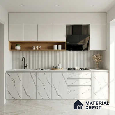 White Marble Look LM 02829 White Carrara 8 ft x 4 ft Stonem Finish Decorative Laminate - 1 mm | Suitable for TV Unit, Wardrobe, Kitchen Cabinets