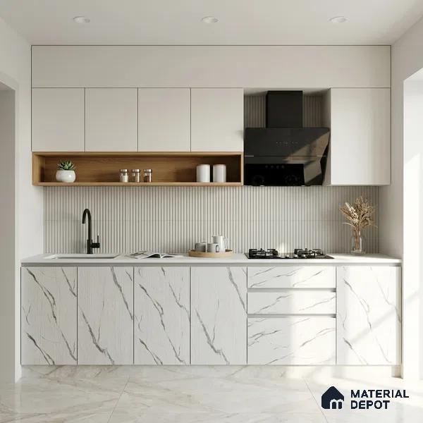White Marble Look LM 02829 White Carrara 8 ft x 4 ft Stonem Finish Decorative Laminate - 1 mm | Suitable for TV Unit, Wardrobe, Kitchen Cabinets