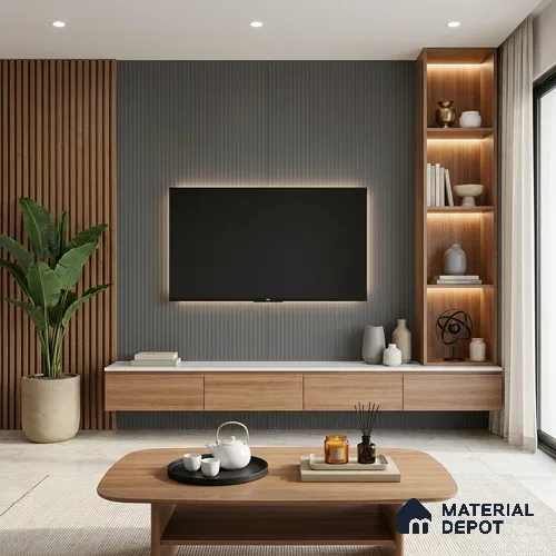 Charcoal Grey Fluted Solid Color Look LM 02843 Trout 8 ft x 4 ft Bamboo Channel Finish Decorative Laminate - 1 mm | Suitable for TV Unit, Wardrobe, Kitchen Cabinets