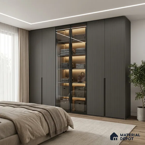 Dark Charcoal Grey Fluted Solid Color Look LM 02844 Dark 8 ft x 4 ft Bamboo Channel Finish Decorative Laminate - 1 mm | Suitable for TV Unit, Wardrobe, Kitchen Cabinets